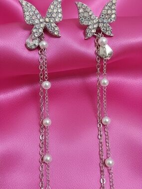 Crystal Butterfly Drop Earrings with Pearls - Silver-tone